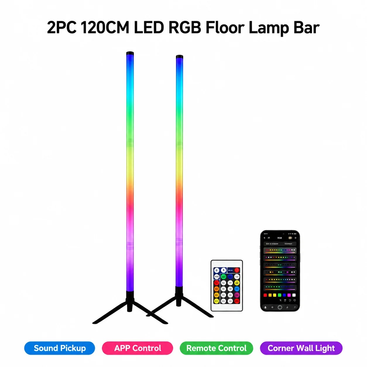 Room Decor Lighting Lamp - 2パックRGB LEDコーナーフロアランプ、120CMサウンド起動ライトバー、ゲームルーム寝室装飾用アンビエント照明