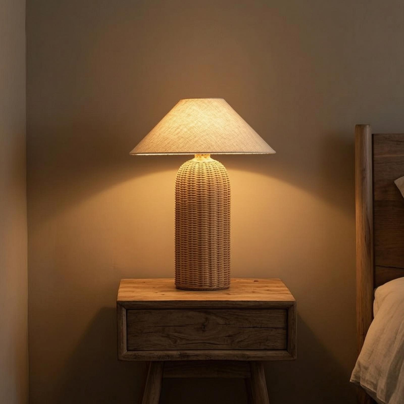 Lighting Decor Room - ベッドサイドランプ ラタンベース ファブリックシェード ナイトテーブルランプ 寝室 リビングルーム用装飾照明