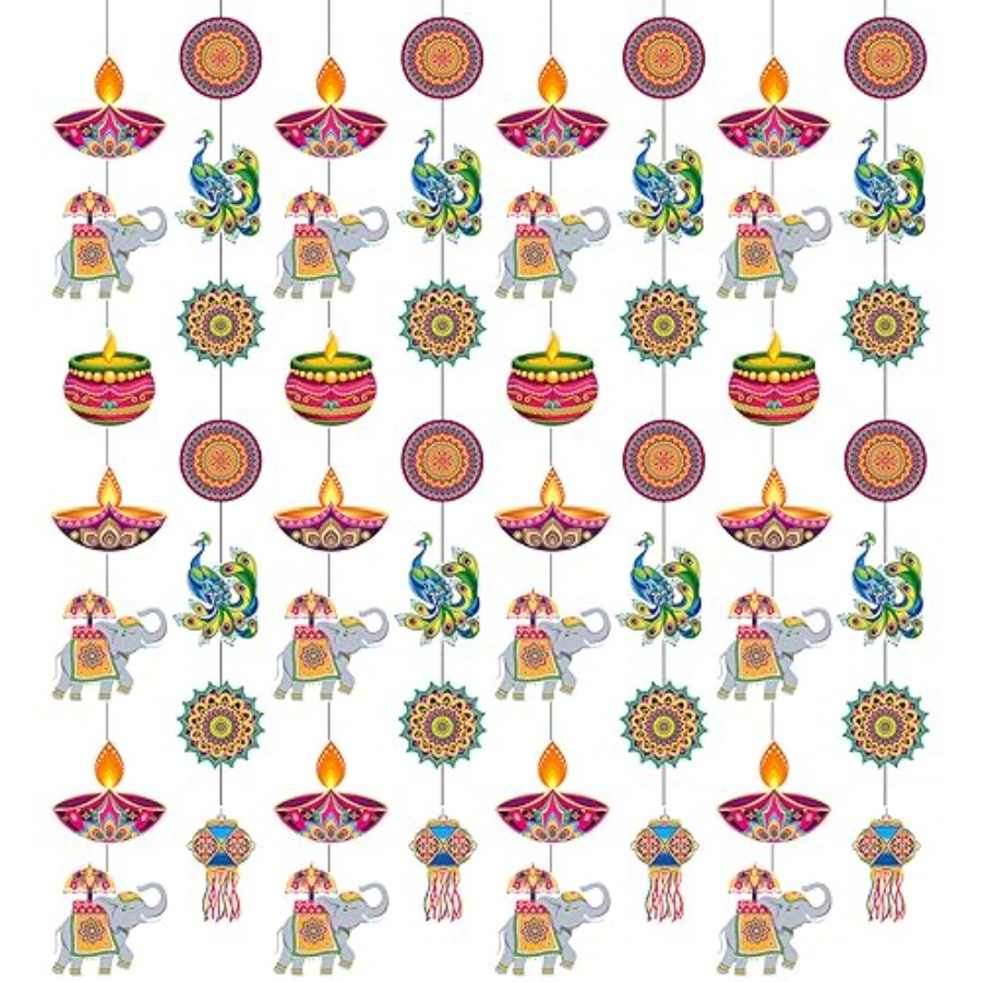 Lighting Decoration For Diwali - 8個入り ハッピーディワリ吊り下げ装飾用品 インドの光の祭り 吊り下げバナー ディーパヴァリ 紙製サークルガーランド