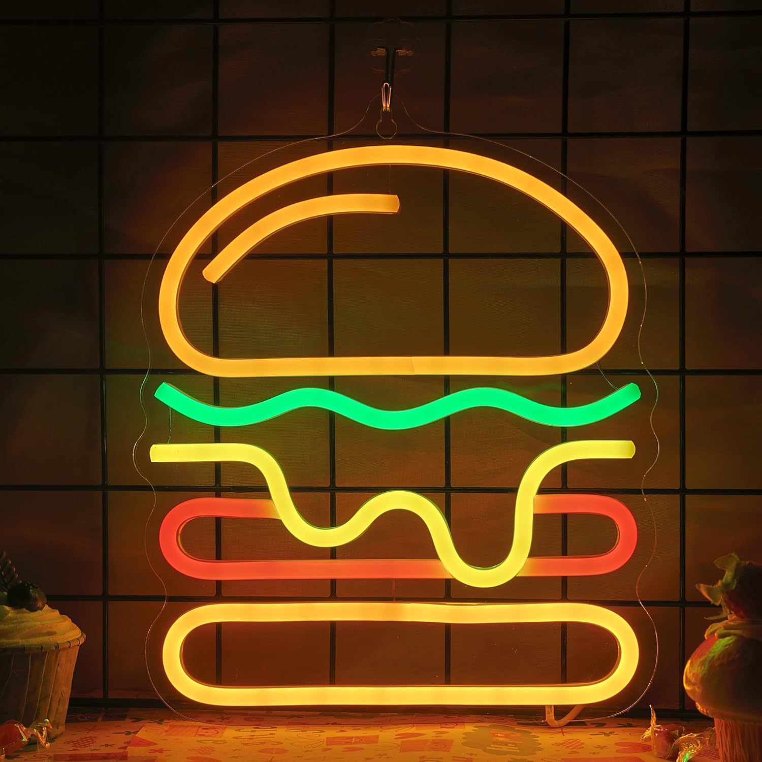 Lighting Decoration Ideas For Home - ハンバーガーネオンサイン、重ねチーズLEDライト付き、ファストフードレストラン、バー、壁飾り、鮮やかなホームキッチン、カフェの装飾、ギフトに最適