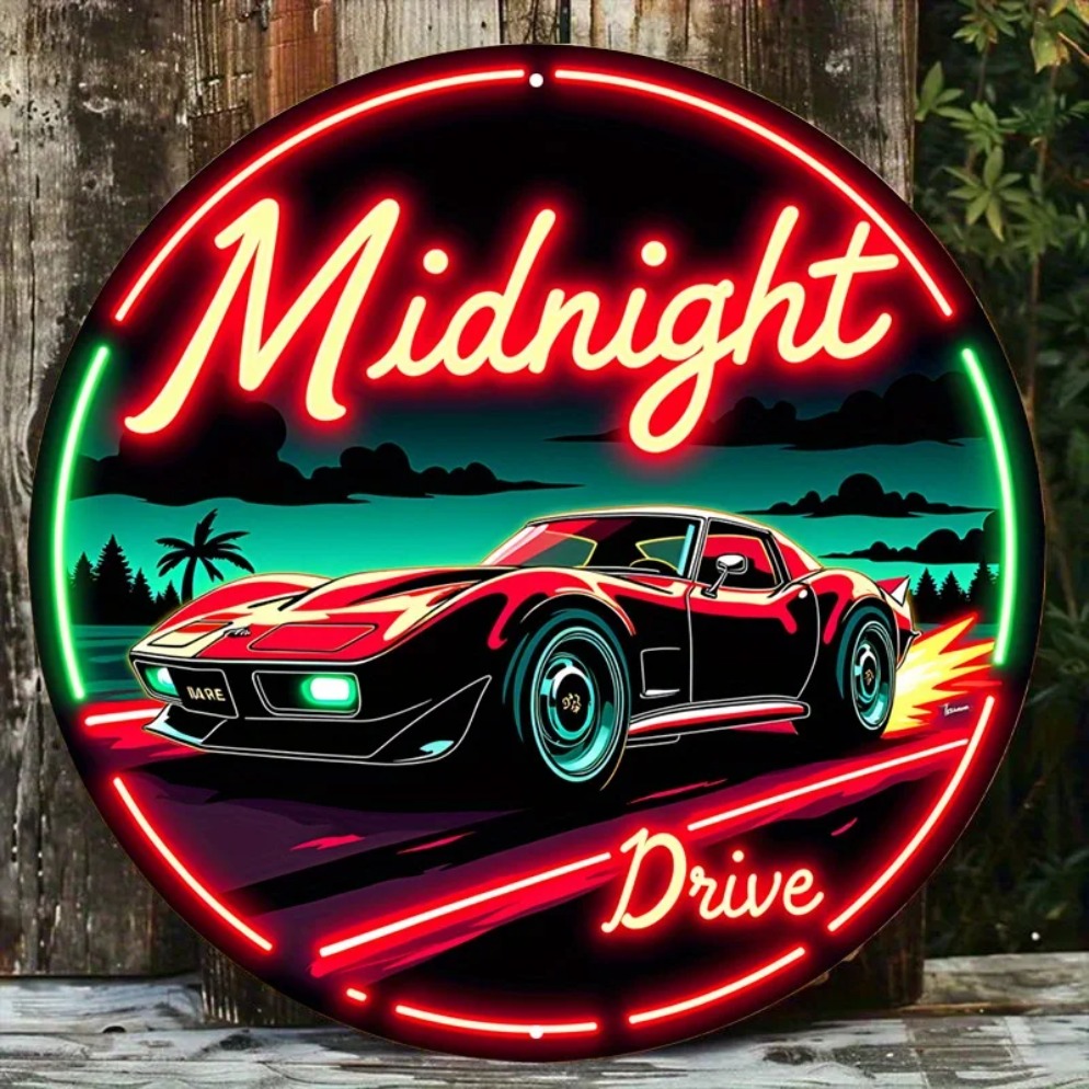 Lighting Decor Ideas - ヴィンテージネオンカーサイン ミッドナイトドライブ – レトロな自動車LEDアートメタルサイン、赤と緑のライト付き、丸型メタルウォールデコレーション