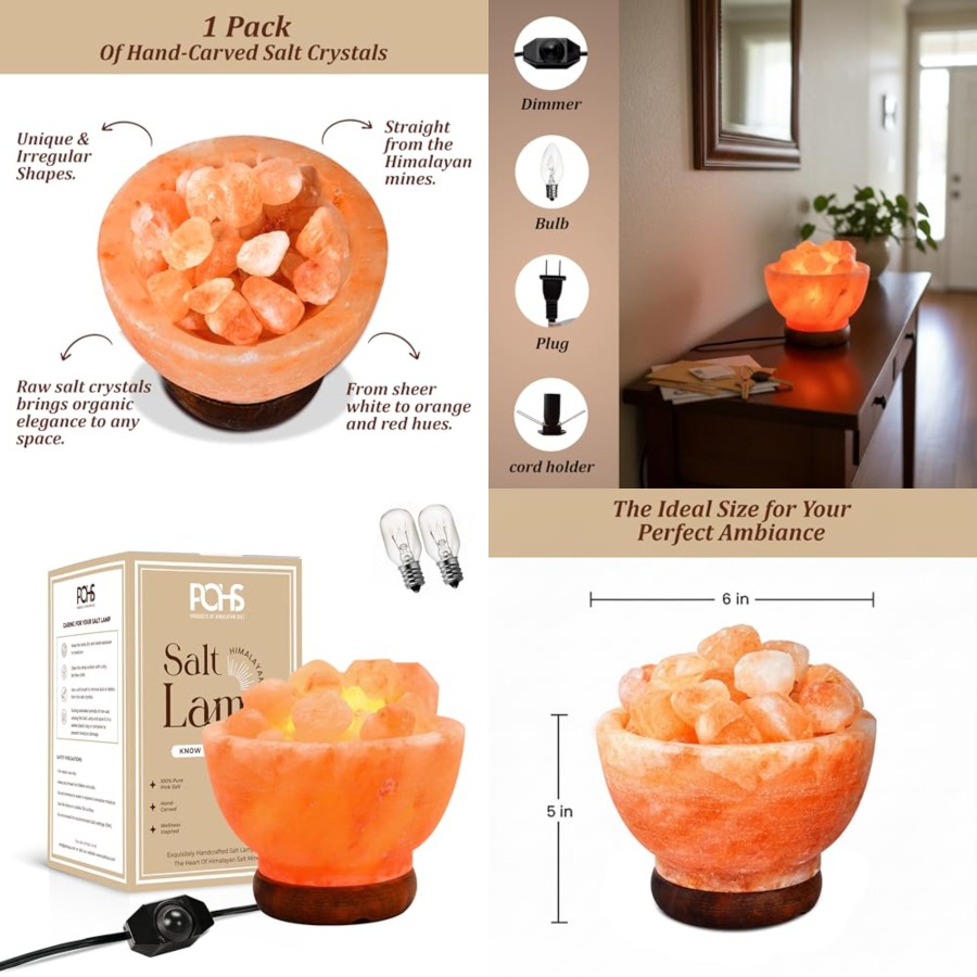 Himalayan Salt Lamp - ヒマラヤピンクソルトランプボウル、パキスタン産本物、天然クリスタル塊、調光可能な温かみのある光、高級木製ベース