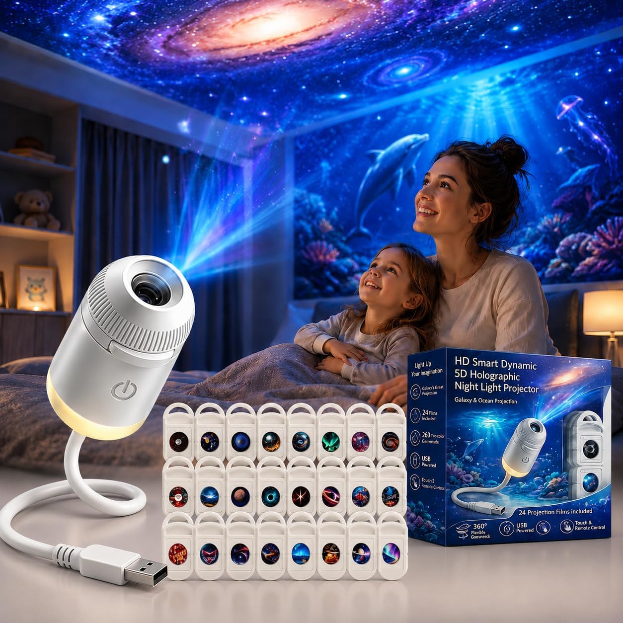 Lighting Decor Ideas - HDスマートダイナミック5Dホログラフィックナイトライトプロジェクター、2-in-1ギャラクシースターとオーシャンプロジェクター（3/6/12/24枚のフィルム付き）ホームデコレーション用