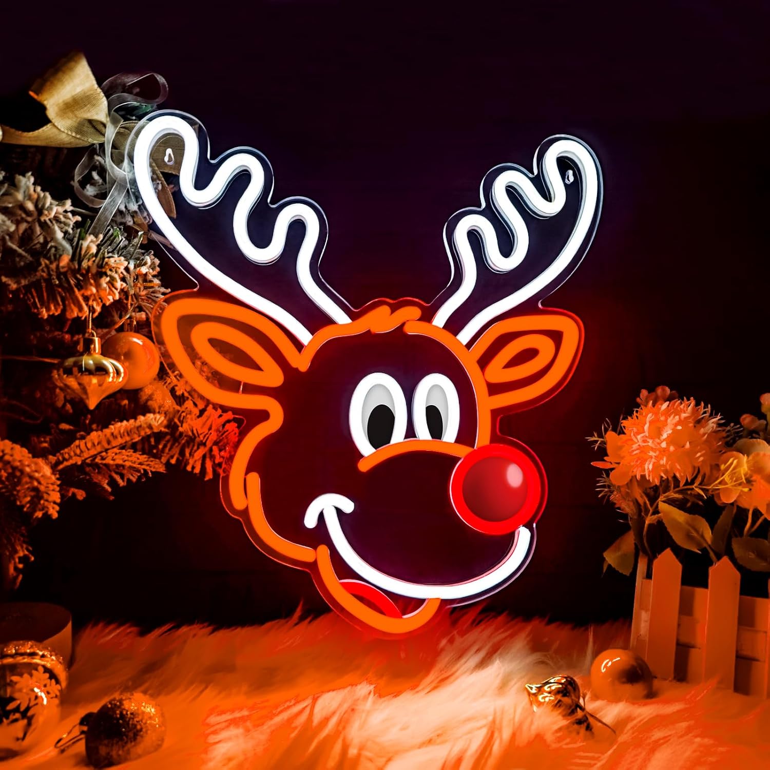 Lighting Decoration Ideas For Home - かわいいクリスマスのトナカイネオンサイン、赤い鼻のLEDライト付き、クリスマスホームパーティーの装飾に、温かみのあるオレンジ色の光、お祭りの壁飾り、ギフトに最適