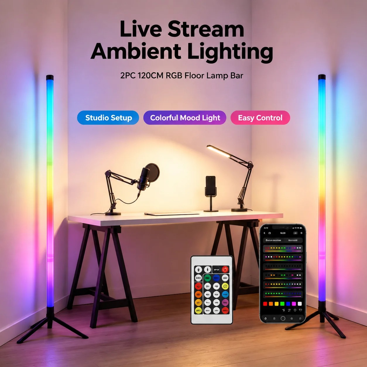 2パックRGB LEDコーナーフロアランプ、120CMサウン - Room Decor Lighting Lamp のレビューと価格