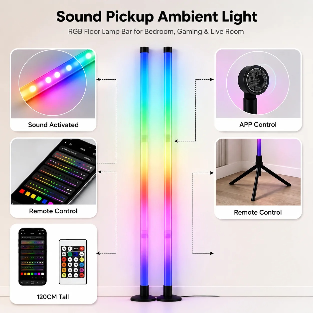 2パックRGB LEDコーナーフロアランプ、120CMサウン - Room Decor Lighting Lamp のレビューと価格