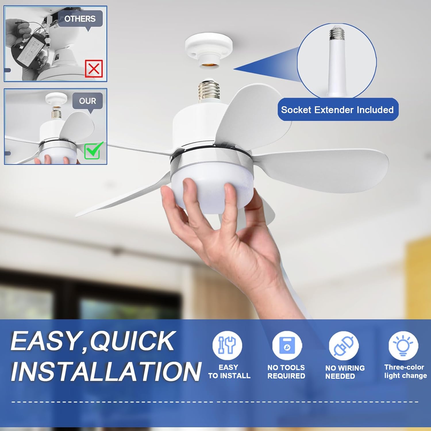 リモコン付きソケットファンライト、LED付き小型シーリングフ - Lighting Decor Room のレビューと価格