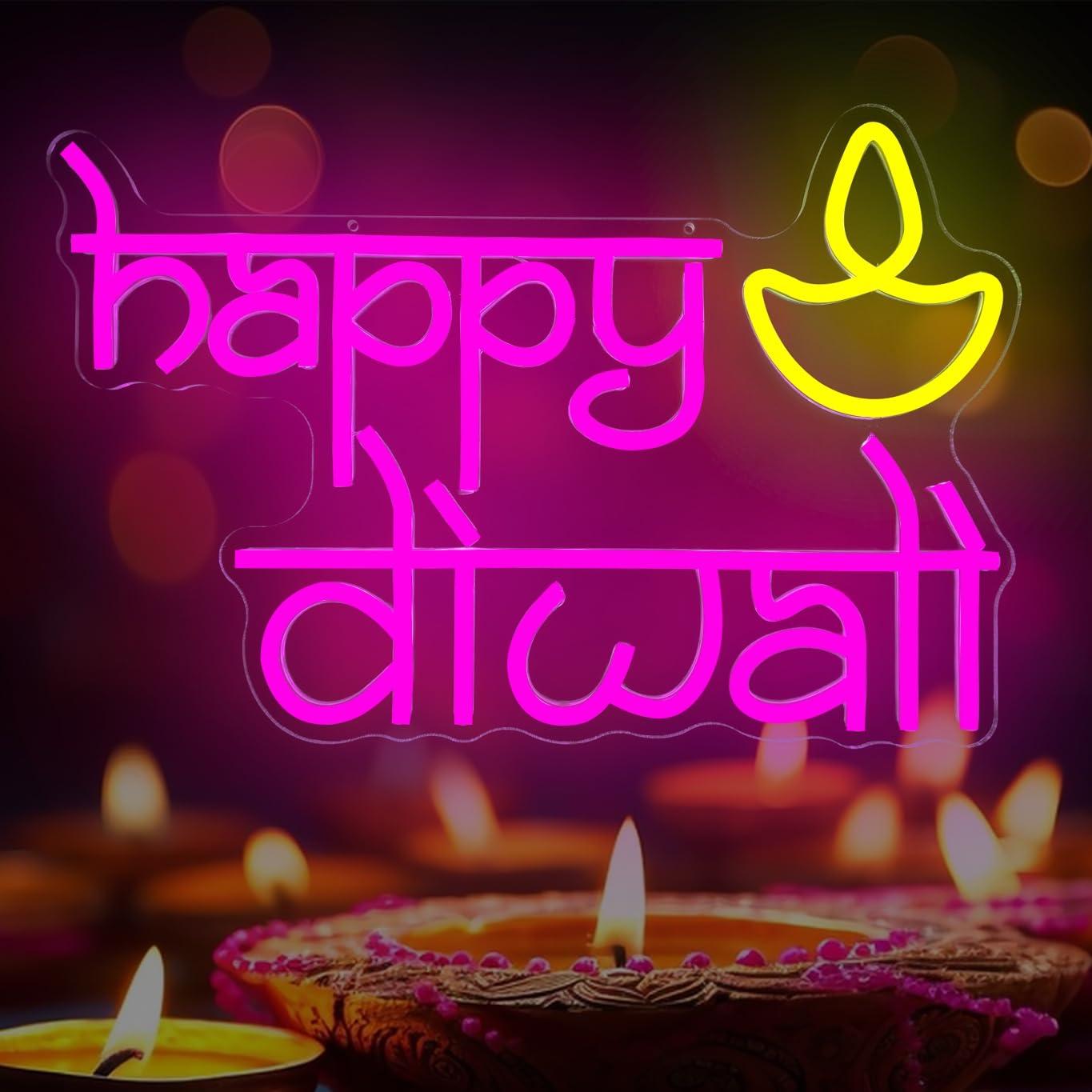 ハッピーディワリネオンサインUSB電源LED調光可能ネオンラ - Lighting Decoration For Diwali のレビューと価格