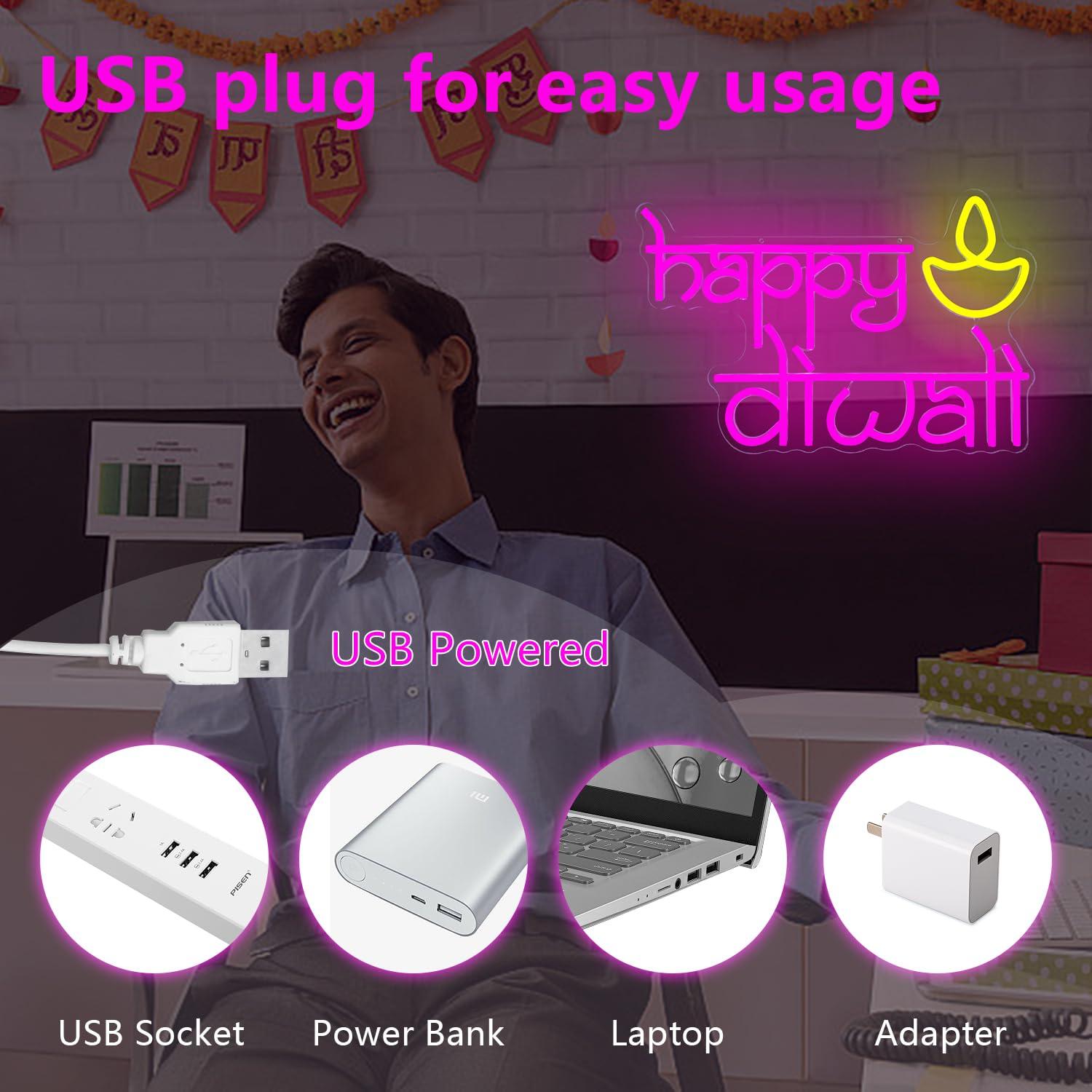 ハッピーディワリネオンサインUSB電源LED調光可能ネオンラ - Lighting Decoration For Diwali のレビューと価格