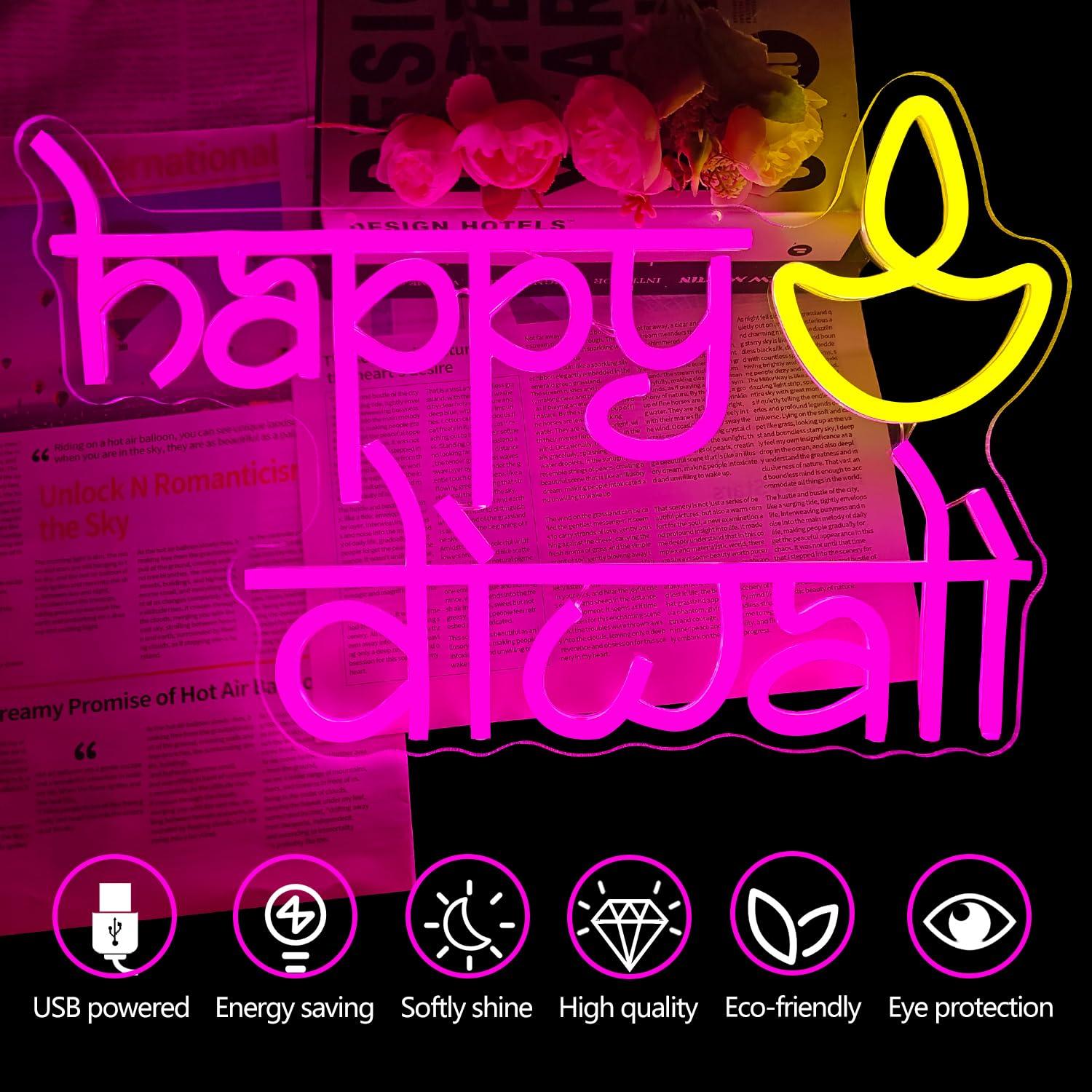 ハッピーディワリネオンサインUSB電源LED調光可能ネオンラ - Lighting Decoration For Diwali のレビューと価格