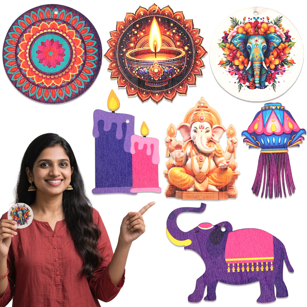 ディワリをテーマにした装飾 - 木製チップハンガー（象とキャ - Lighting Decoration For Diwali のレビューと価格