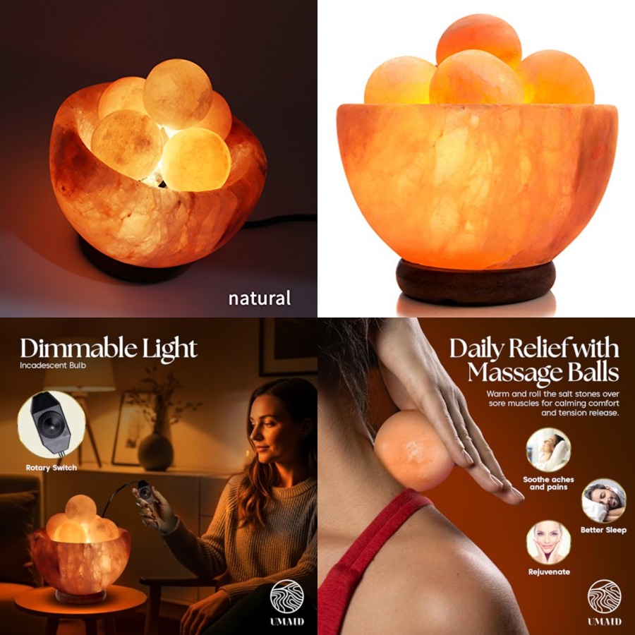 ヒマラヤ岩塩ランプ、ヒマラヤボール6個付き、調光可能なピンク - Himalayan Salt Lamp のレビューと価格