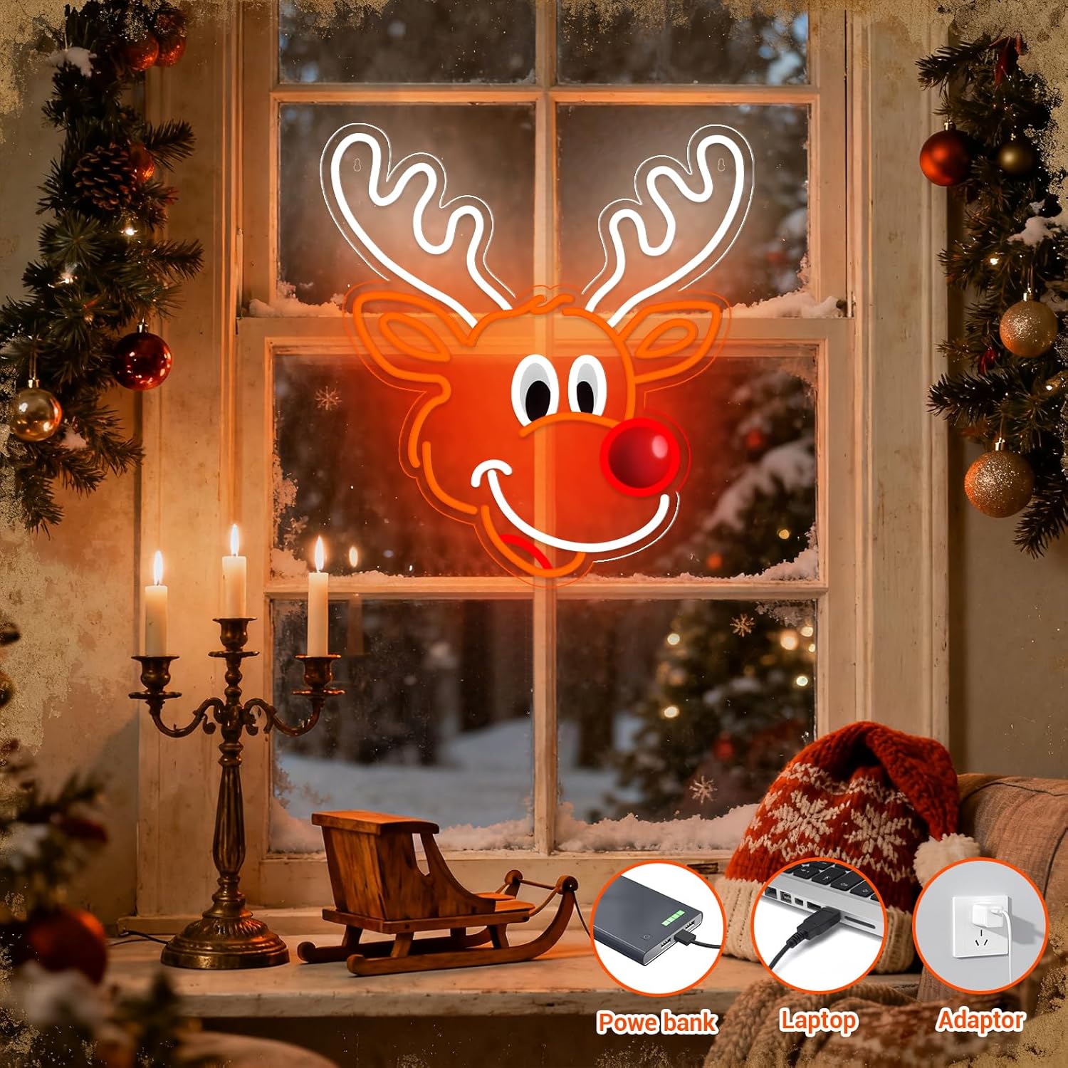 かわいいクリスマスのトナカイネオンサイン、赤い鼻のLEDライ - Lighting Decoration Ideas For Home のレビューと価格