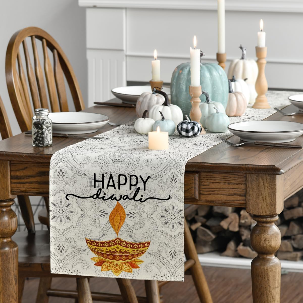 ハッピーディワリ インドの光の祭り リネン製テーブルランナー - Lighting Decoration For Diwali のレビューと価格